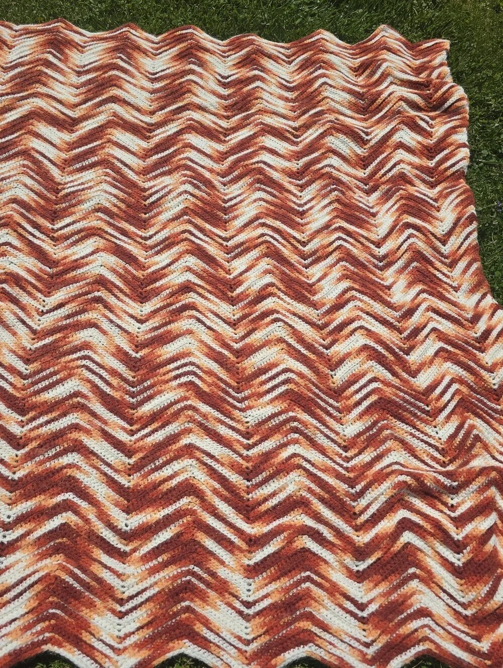 Vtg Handmade Afghan Crochet Earth Colors Zig Zag Chevron Blanket Throw 54x82